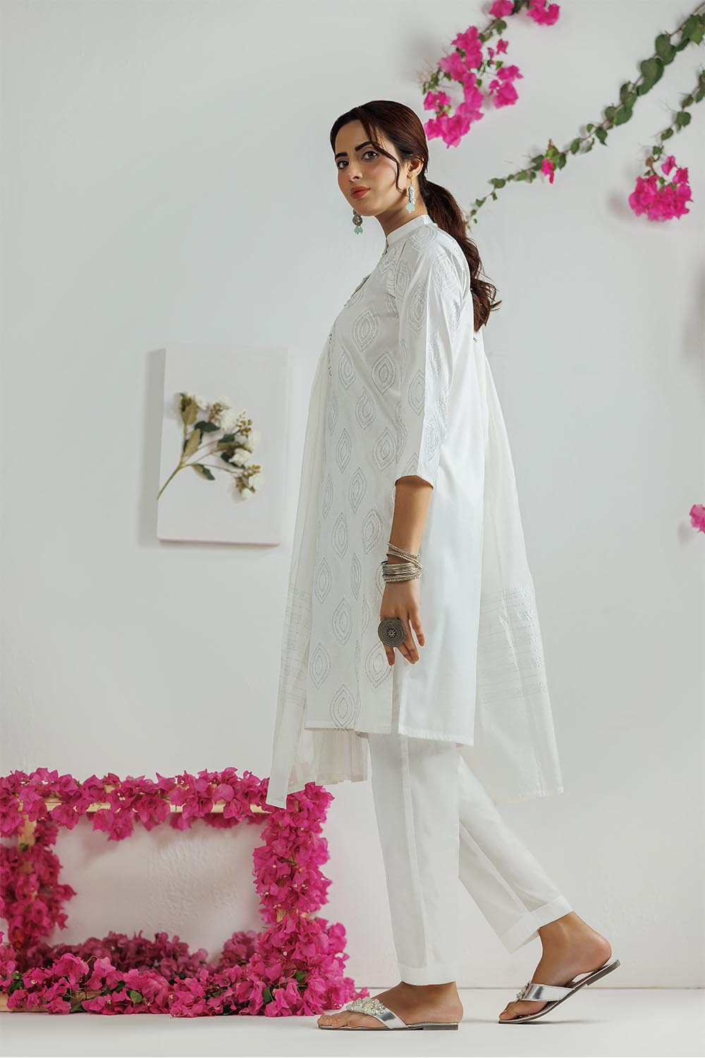 Senorita Women RTW Women Printed White and silver Casual 3 Piece Suit Plain Cotton LAD-03114 - Summer Collection