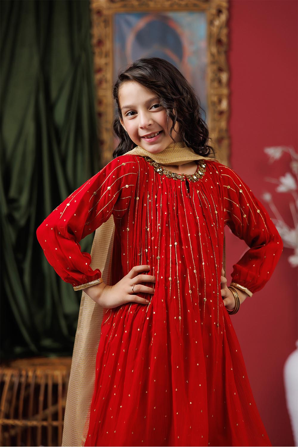 Senorita Kids RTW Kids formal clothes Red and Gold Formal 3 Piece Suit Viscose Crinkle Chiffon KDD-03068 - Summer Collection