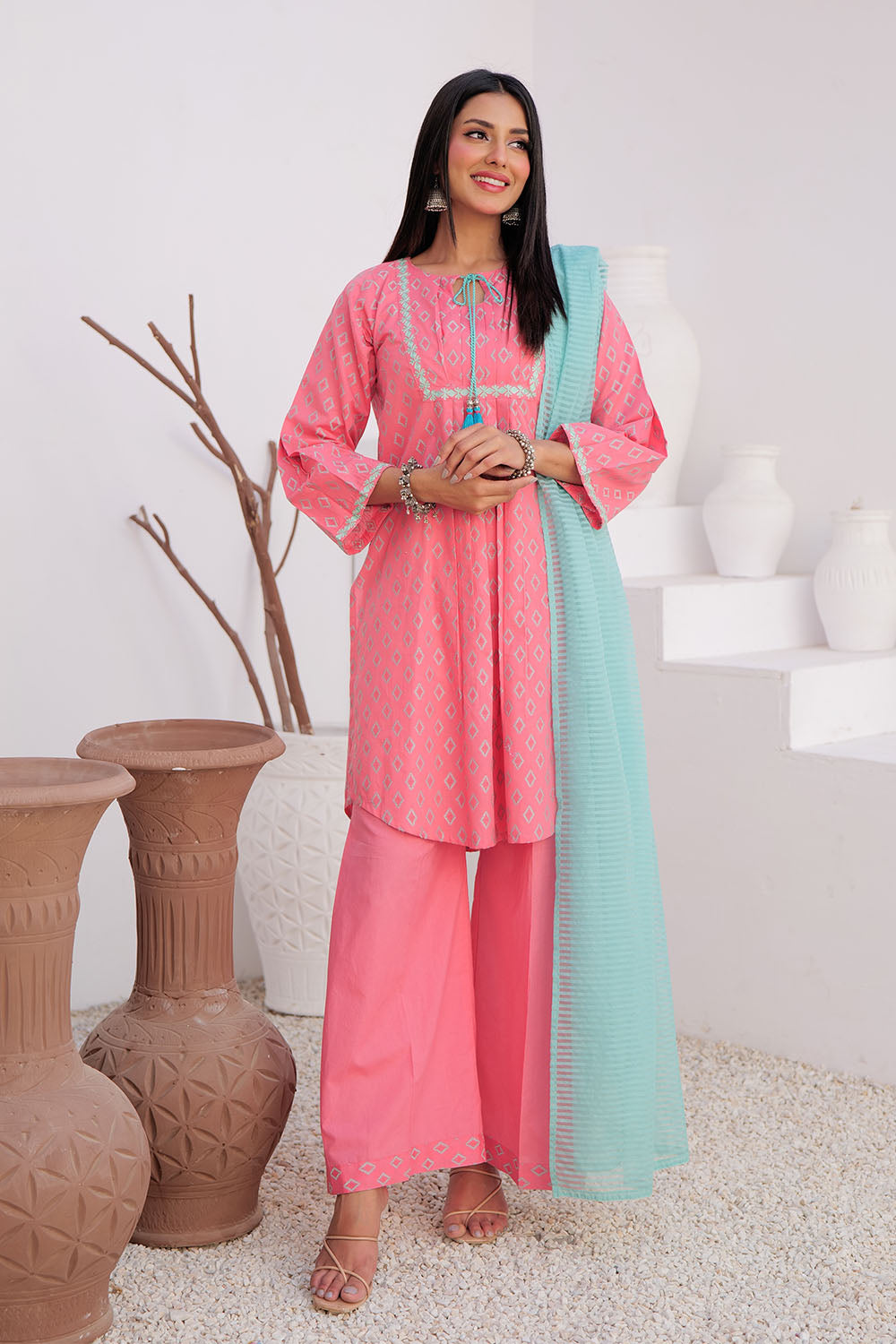 Senorita Women RTW Women Printed T. Pink and Sea Green Casual 3 Piece Suit Cotton Jacquard LAD-02966 - Summer Collection