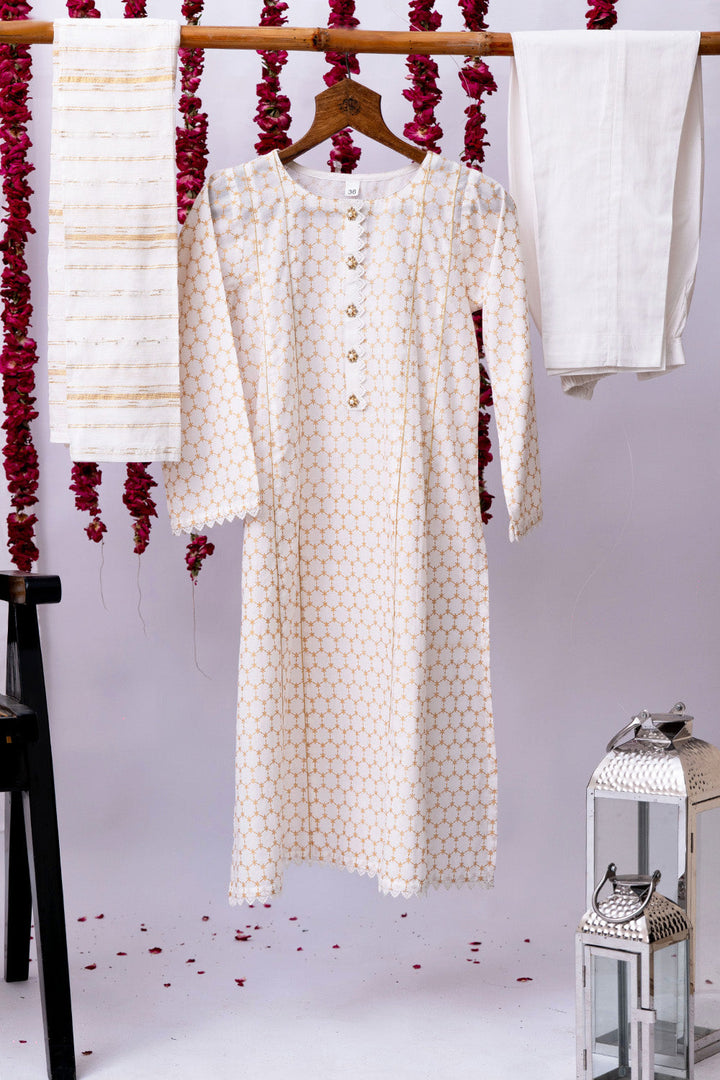 Senorita Girls Ready to Wear Girls White and Gold Casual 3 Piece Suit Cotton Cambric Printed GAD-02713 - Summer Collection
