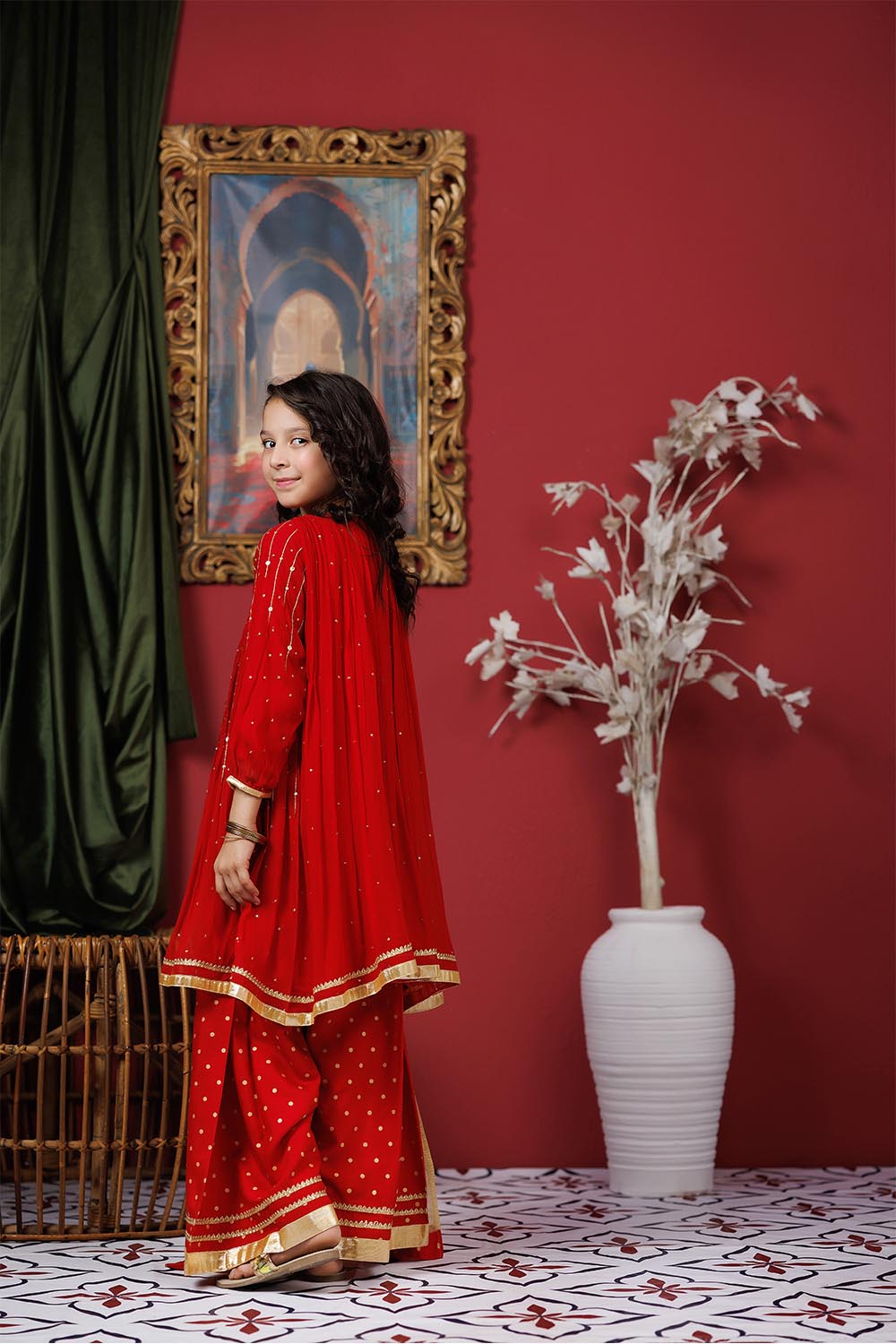 Senorita Kids RTW Kids formal clothes Red and Gold Formal 3 Piece Suit Viscose Crinkle Chiffon KDD-03068 - Summer Collection