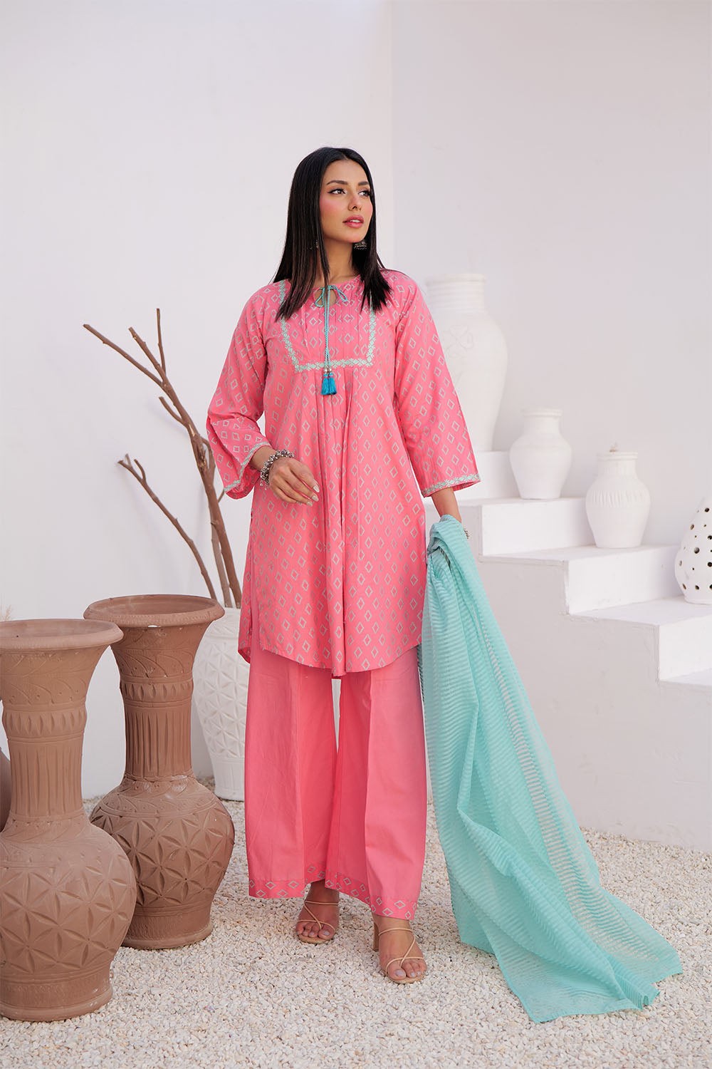 Senorita Women RTW Women Printed T. Pink and Sea Green Casual 3 Piece Suit Cotton Jacquard LAD-02966 - Summer Collection