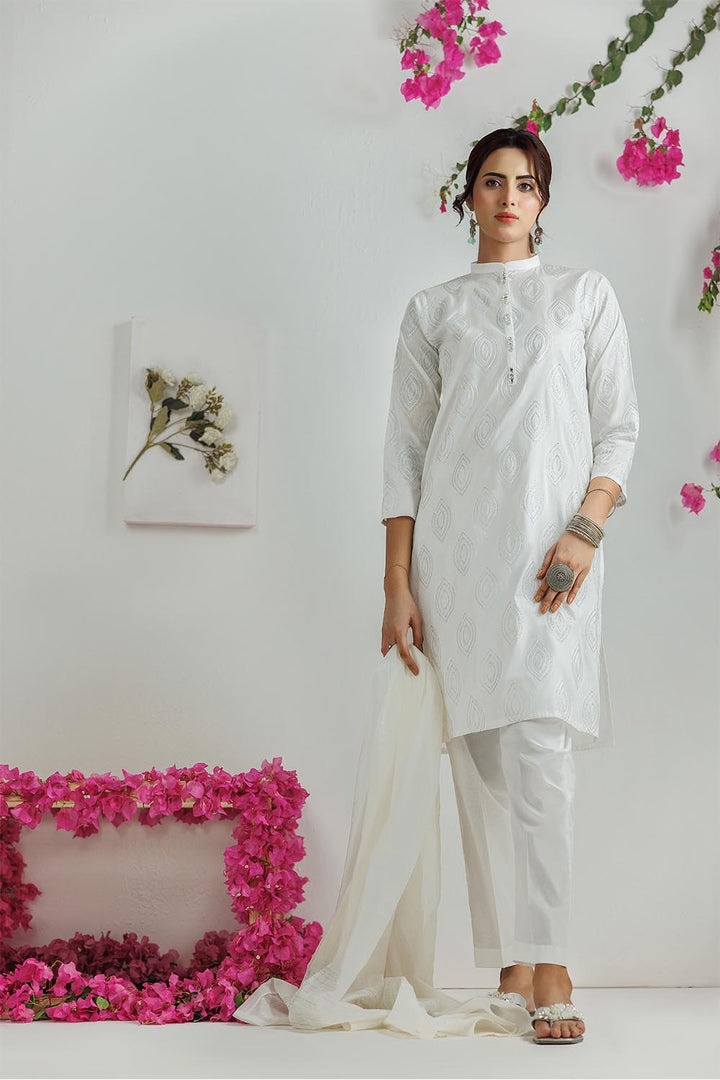 Senorita Women RTW Women Printed White and silver Casual 3 Piece Suit Plain Cotton LAD-03114 - Summer Collection