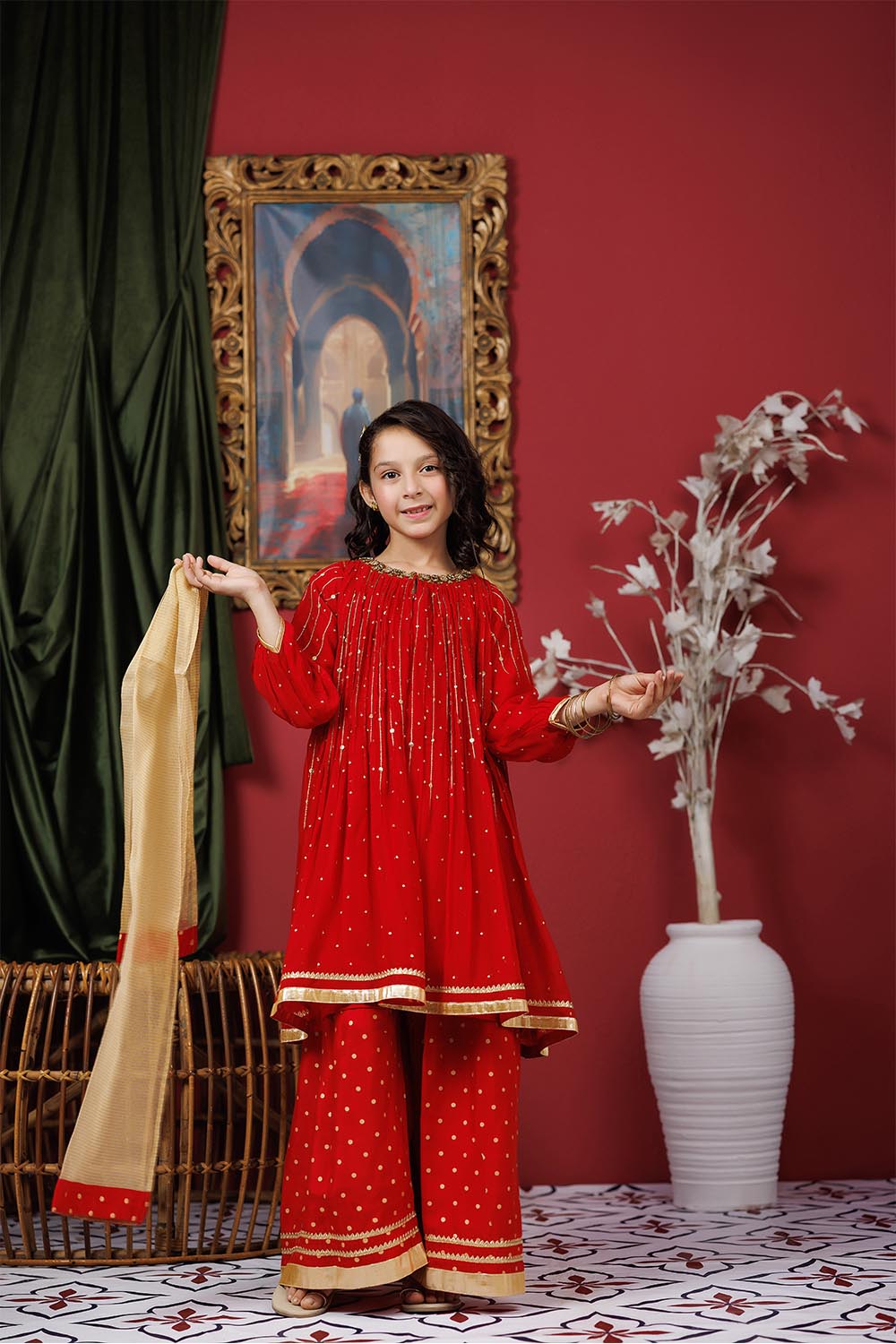 Senorita Kids RTW Kids formal clothes Red and Gold Formal 3 Piece Suit Viscose Crinkle Chiffon KDD-03068 - Summer Collection