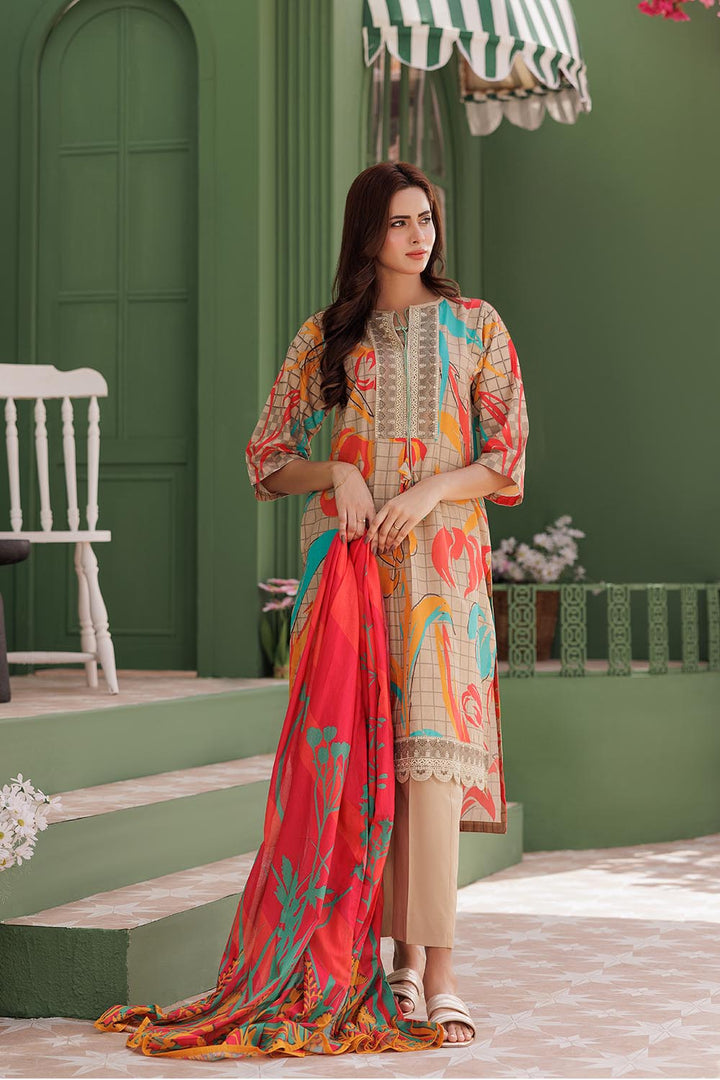 Senorita Women RTW Women Fawn and Multicolor Casual 3 Piece Suit Cotton Lawn Printed LAD-03039 - Summer Collection