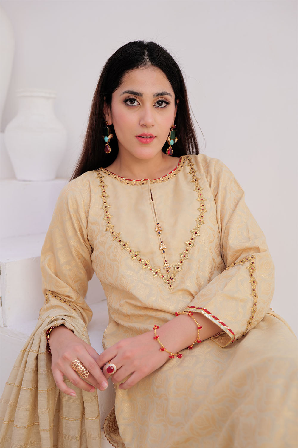 Senorita Women RTW Women Embroidered Fawn and Gold Casual Plus 3 Piece Suit Cotton Jacquard LBD-02918 - Summer Collection