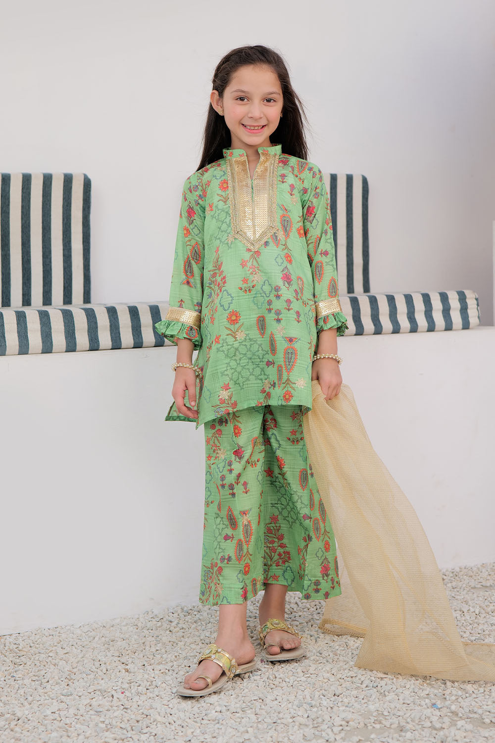 Senorita Kids RTW Green and Multicolor Formal 3 Piece Suit Tasar Silk KDD-02869 - Summer Collection