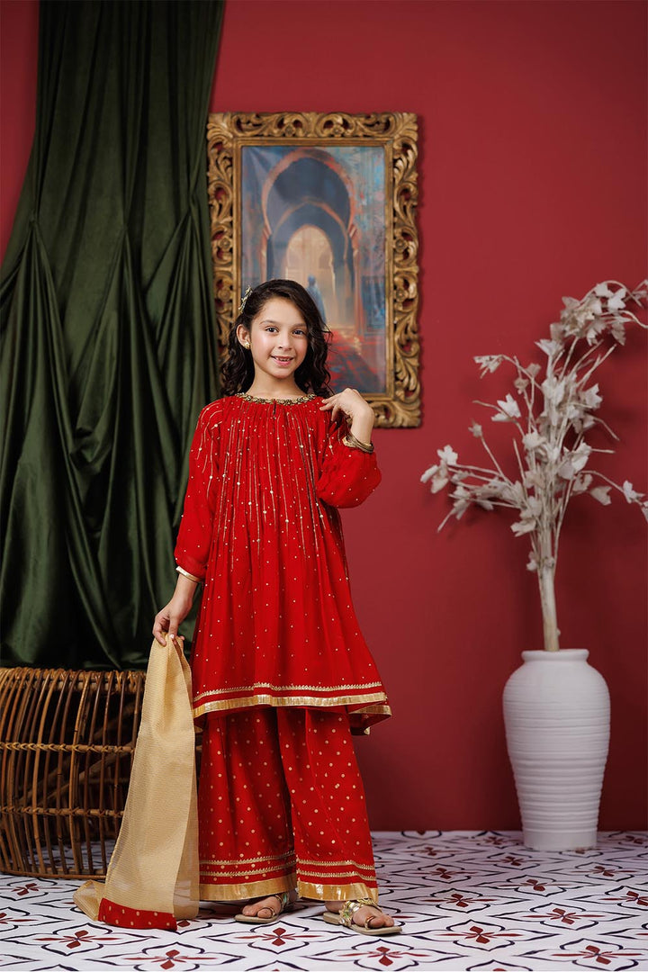 Senorita Kids RTW Kids formal clothes Red and Gold Formal 3 Piece Suit Viscose Crinkle Chiffon KDD-03068 - Summer Collection