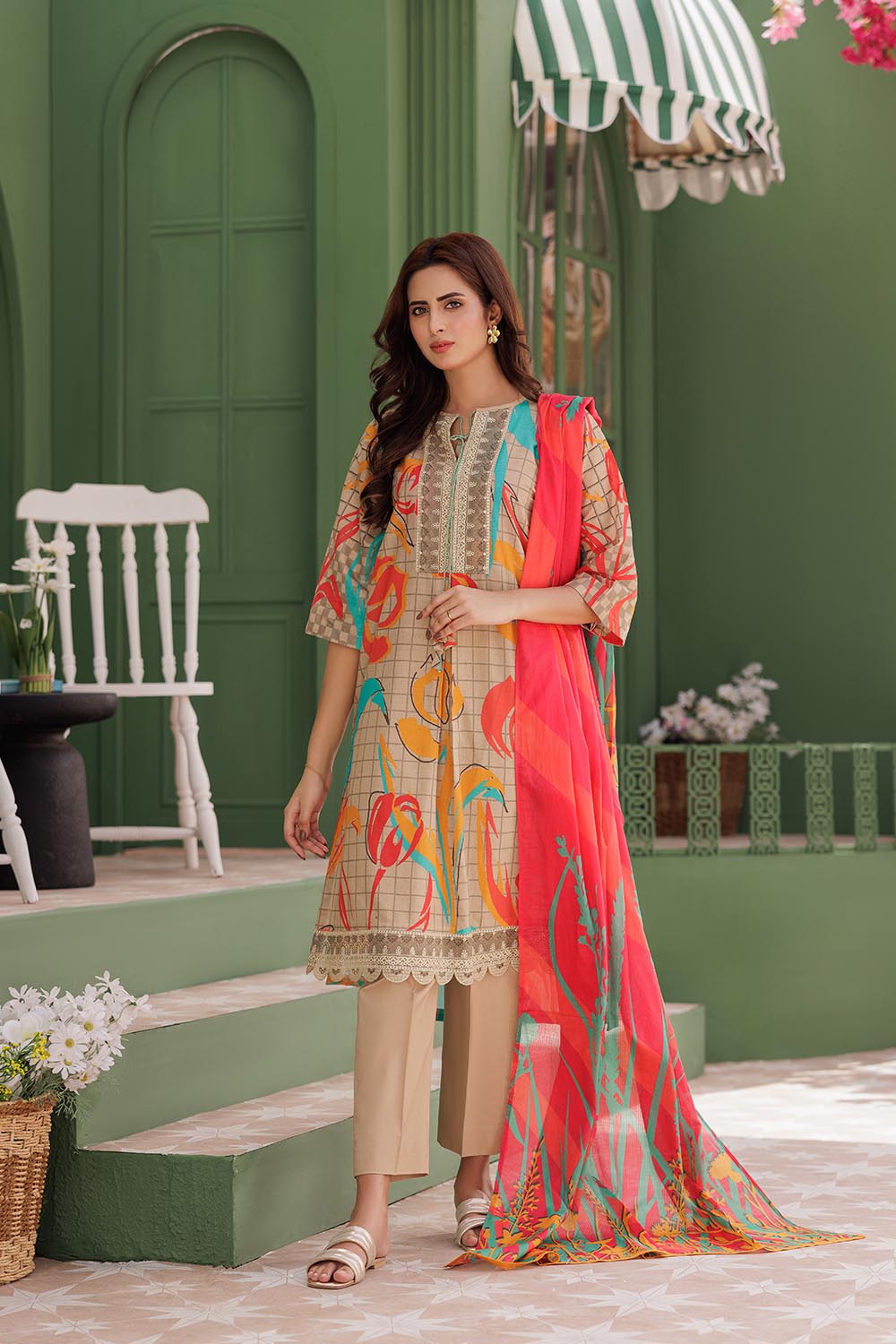 Senorita Women RTW Women Fawn and Multicolor Casual 3 Piece Suit Cotton Lawn Printed LAD-03039 - Summer Collection