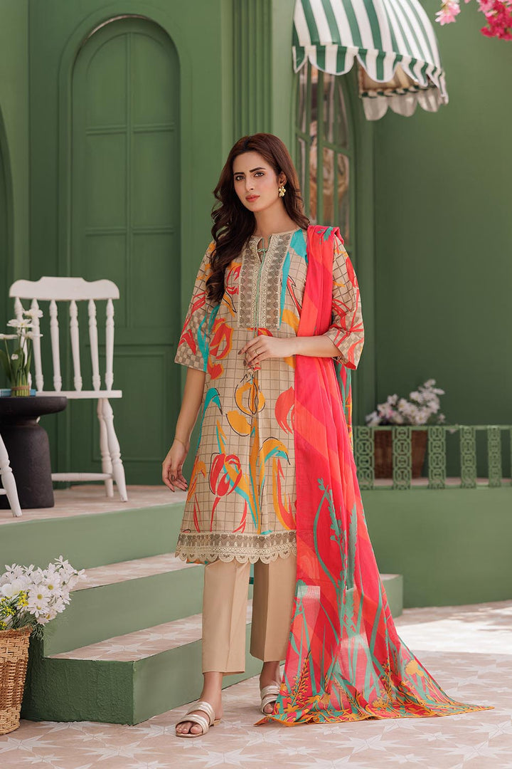 Senorita Women RTW Women Fawn and Multicolor Casual 3 Piece Suit Cotton Lawn Printed LAD-03039 - Summer Collection
