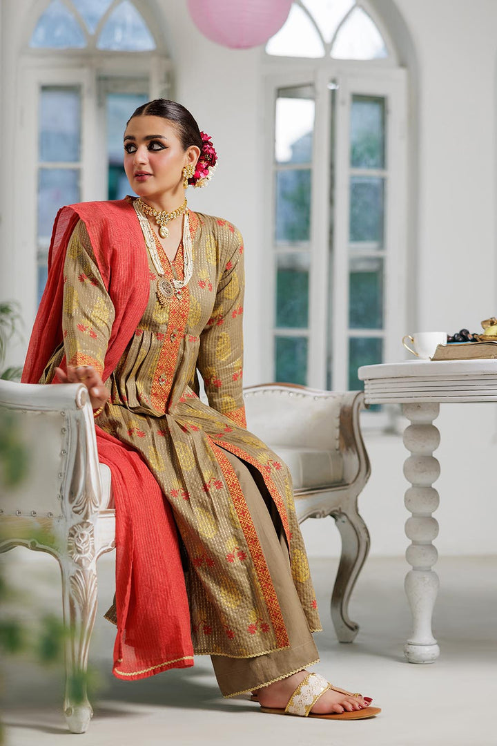 Senorita Women RTW Women Embroidered Beige and Multicolor Casual Plus 3 Piece Suit Cotton Dobby Dye over Gold LBD-02992 - Summer Collection