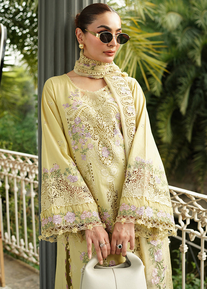 Elaf Premium Unstitched Embroidered Lawn 3 Piece Suit EL26ULF Butter Yellow ELQ-7A - Festive Collection