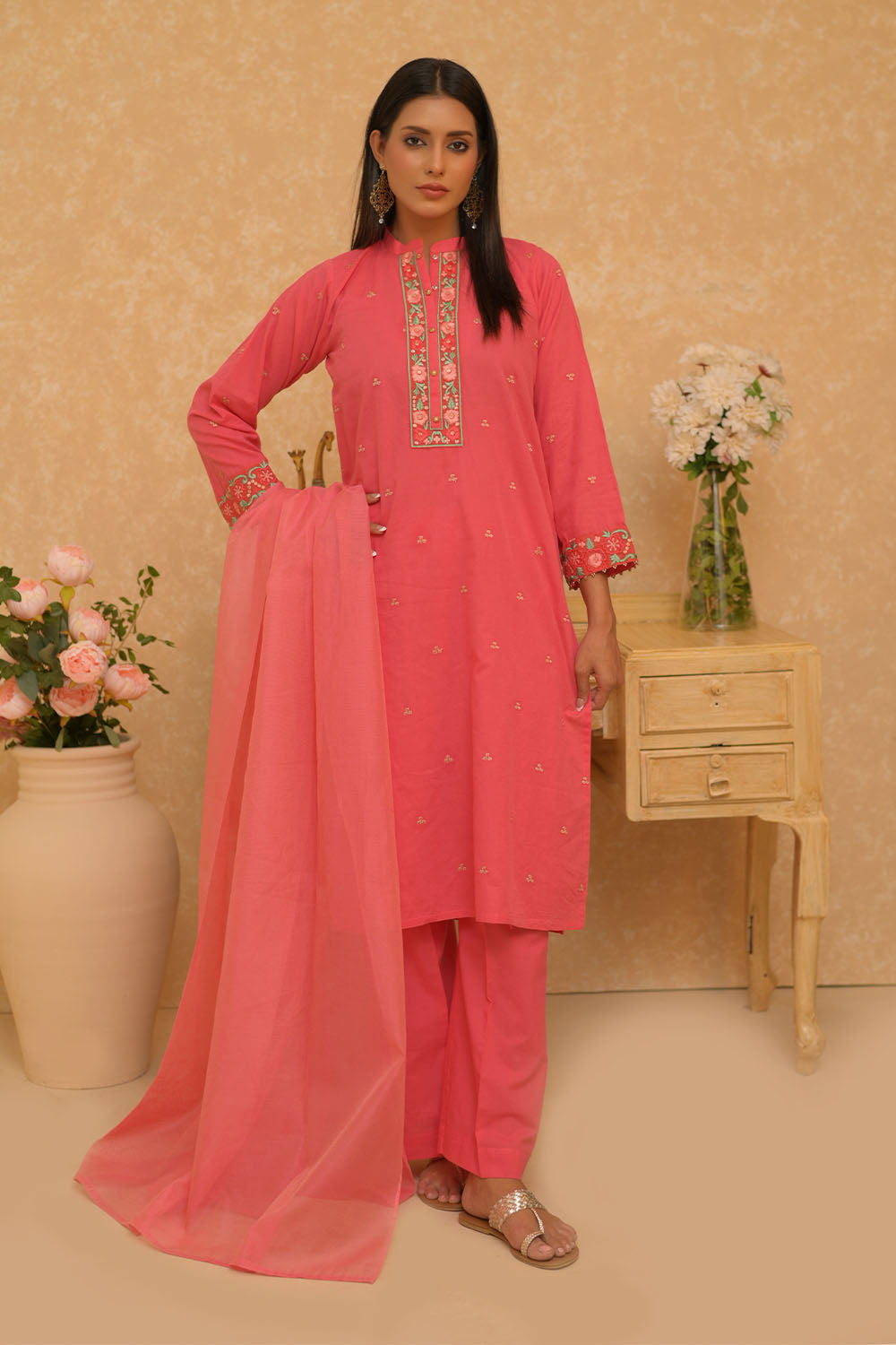 Senorita Women RTW Women Printed Dark Peach Casual 3 Piece Suit Cotton Dobby Self LAD-02798 - Summer Collection