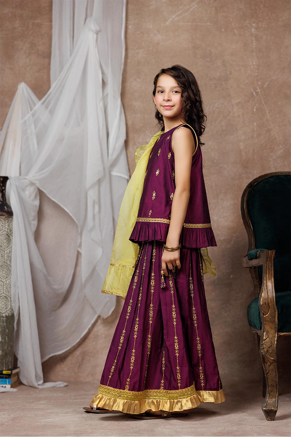 Senorita Kids RTW Purple and Gold Formal 3 Piece Suit Viscose Chambray Katan KDD-03069 - Summer Collection