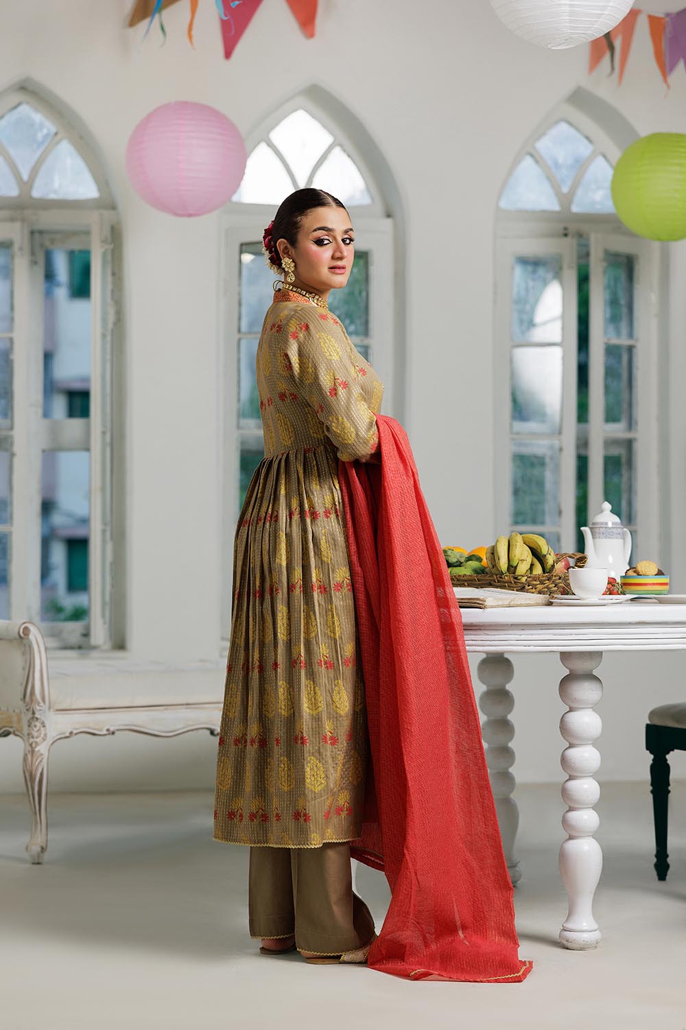 Senorita Women RTW Women Embroidered Beige and Multicolor Casual Plus 3 Piece Suit Cotton Dobby Dye over Gold LBD-02992 - Summer Collection