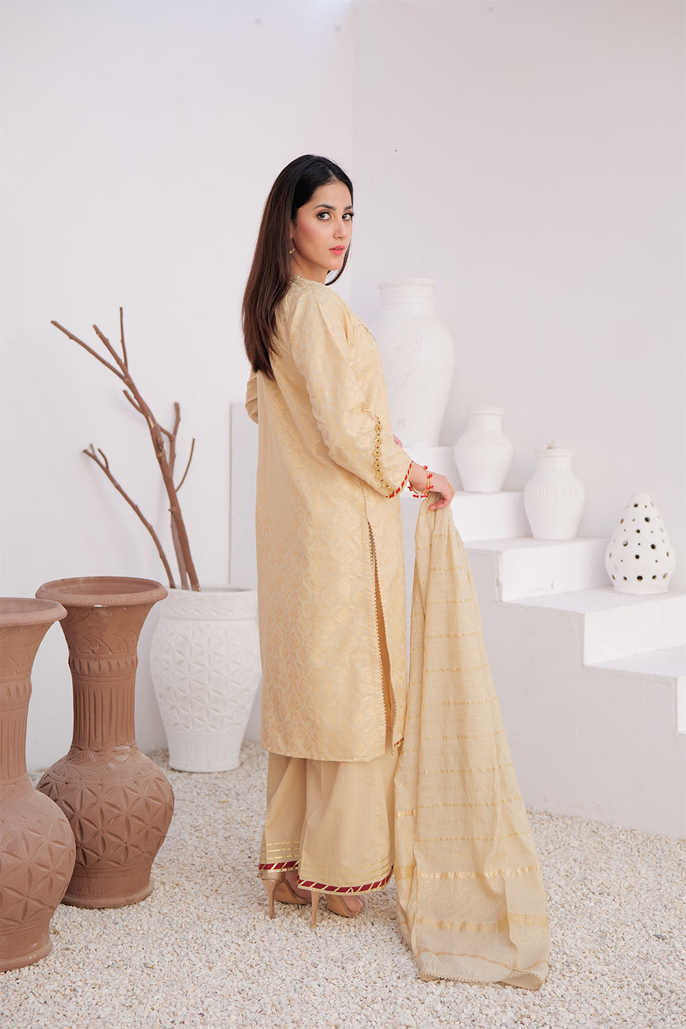 Senorita Women RTW Women Embroidered Fawn and Gold Casual Plus 3 Piece Suit Cotton Jacquard LBD-02918 - Summer Collection