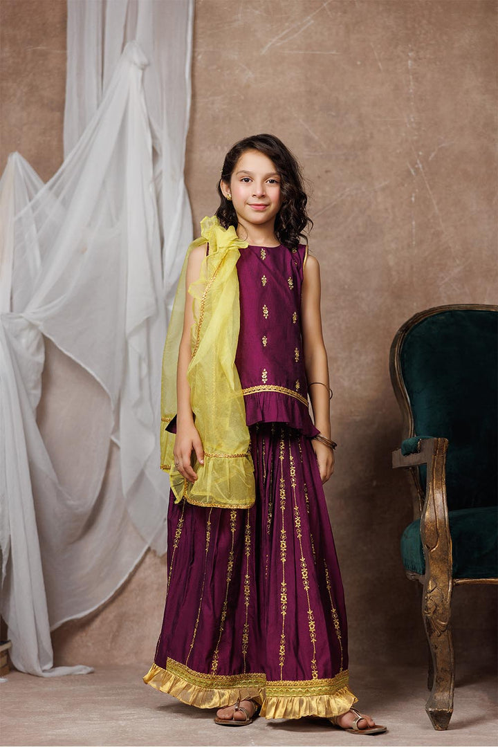 Senorita Kids RTW Purple and Gold Formal 3 Piece Suit Viscose Chambray Katan KDD-03069 - Summer Collection