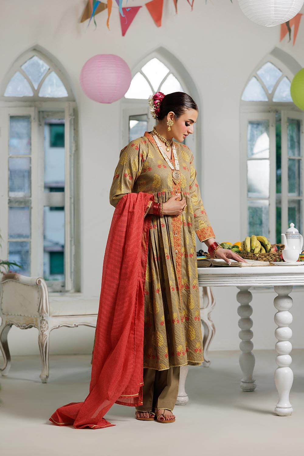 Senorita Women RTW Women Embroidered Beige and Multicolor Casual Plus 3 Piece Suit Cotton Dobby Dye over Gold LBD-02992 - Summer Collection