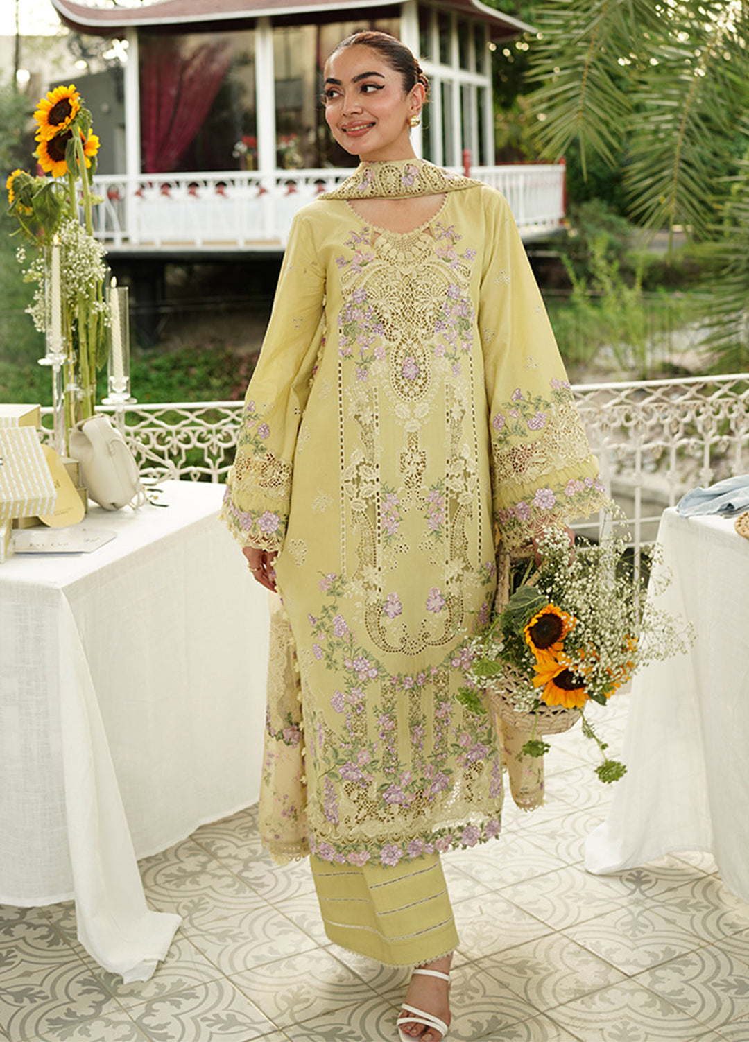 Elaf Premium Unstitched Embroidered Lawn 3 Piece Suit EL26ULF Butter Yellow ELQ-7A - Festive Collection
