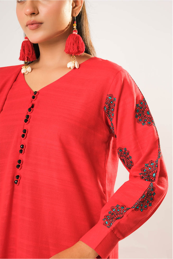 Senorita Women RTW Women Printed Red Casual 3 Piece Suit Cotton Khaddar Plain LAD-03203 - Winter Collection