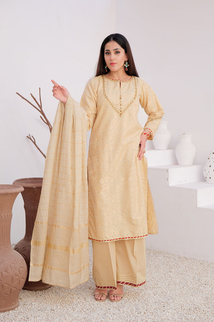 Senorita Women RTW Women Embroidered Fawn and Gold Casual Plus 3 Piece Suit Cotton Jacquard LBD-02918 - Summer Collection