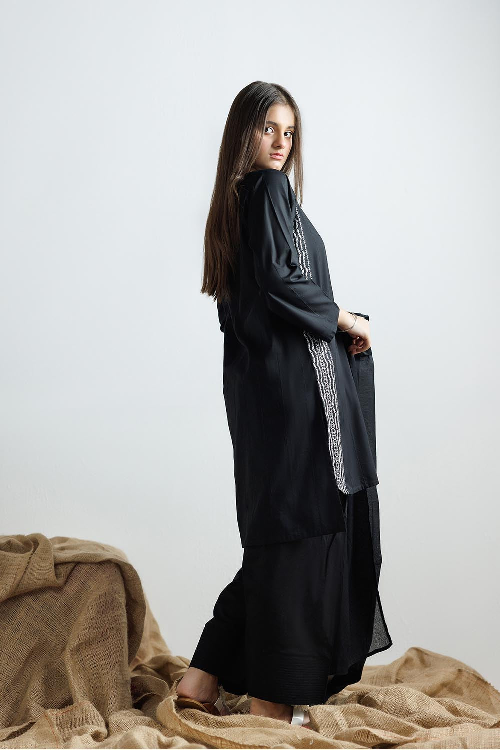 Senorita Girls Ready to Wear Girls Black and White Casual 3 Piece Suit Plain Cotton Solids GAD-03111 - Summer Collection