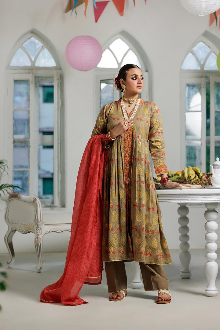 Senorita Women RTW Women Embroidered Beige and Multicolor Casual Plus 3 Piece Suit Cotton Dobby Dye over Gold LBD-02992 - Summer Collection