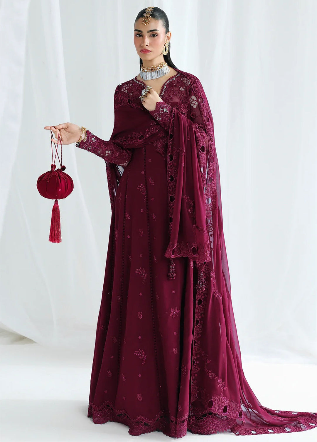 Qalamkar Unstitched Embroidered Chiffon 3 Piece Suit QLK26UCF Wafa QCC-03 - Festive Collection