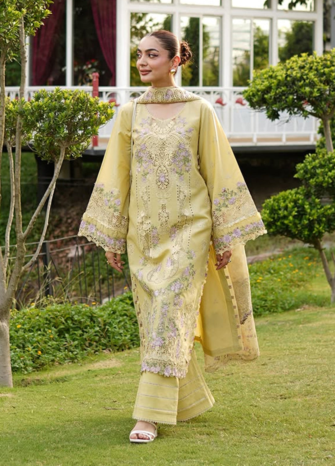 Elaf Premium Unstitched Embroidered Lawn 3 Piece Suit EL26ULF Butter Yellow ELQ-7A - Festive Collection