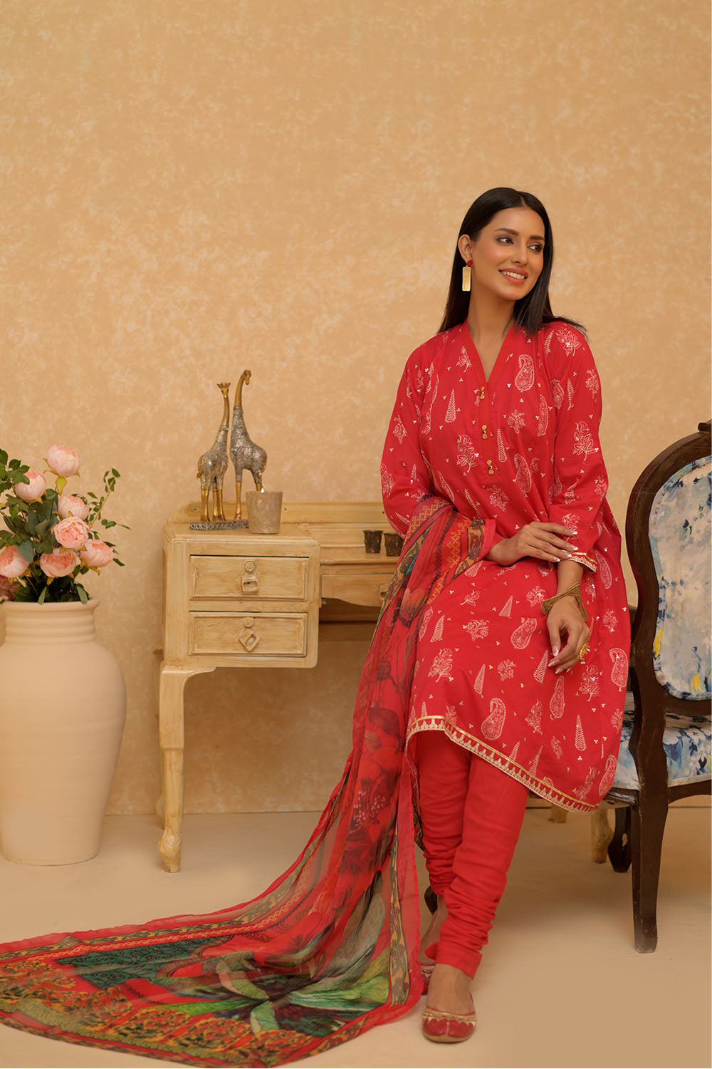 Senorita Women RTW Women Red and Multicolor Casual 3 Piece Suit Cotton Lawn Printed LAD-02730 - Summer Collection