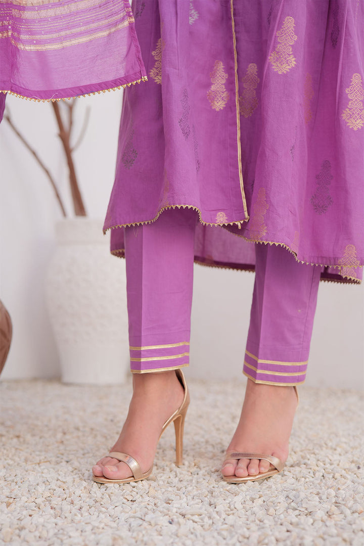 Senorita Women RTW Women Embroidered Purple and Gold Casual Plus 3 Piece Suit Cotton Jacquard LBD-02894 - Summer Collection