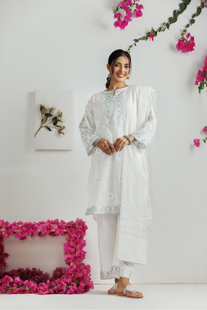 Senorita Women RTW Women White and Silver Casual 3 Piece Suit Cotton Lawn Printed LAD-03170 - Summer Collection