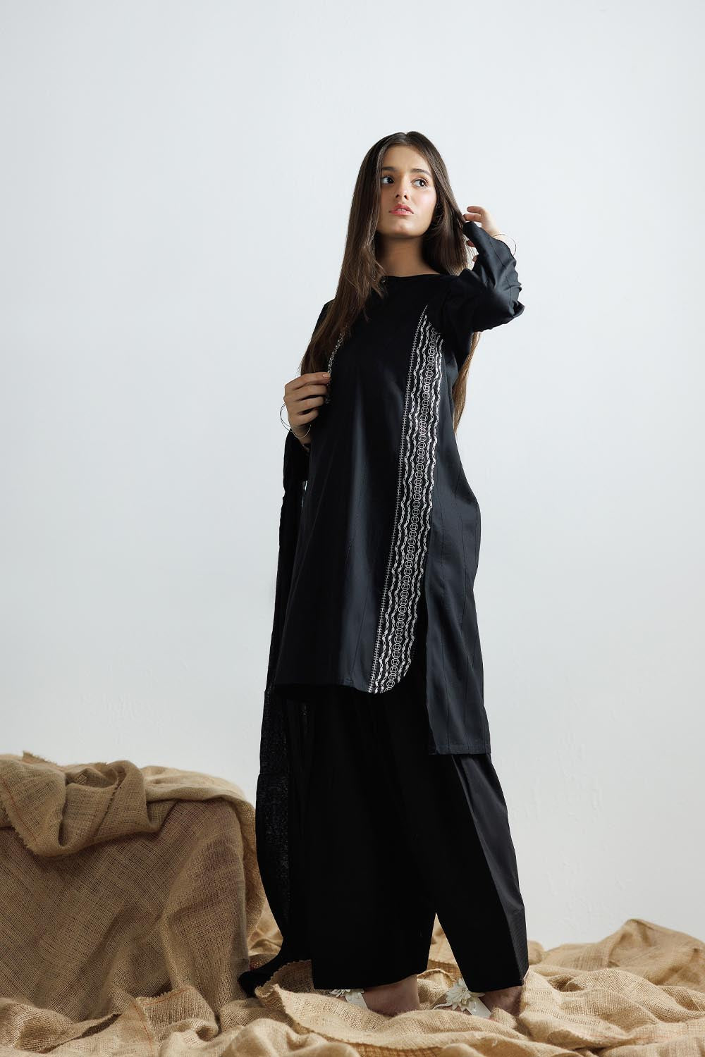 Senorita Girls Ready to Wear Girls Black and White Casual 3 Piece Suit Plain Cotton Solids GAD-03111 - Summer Collection