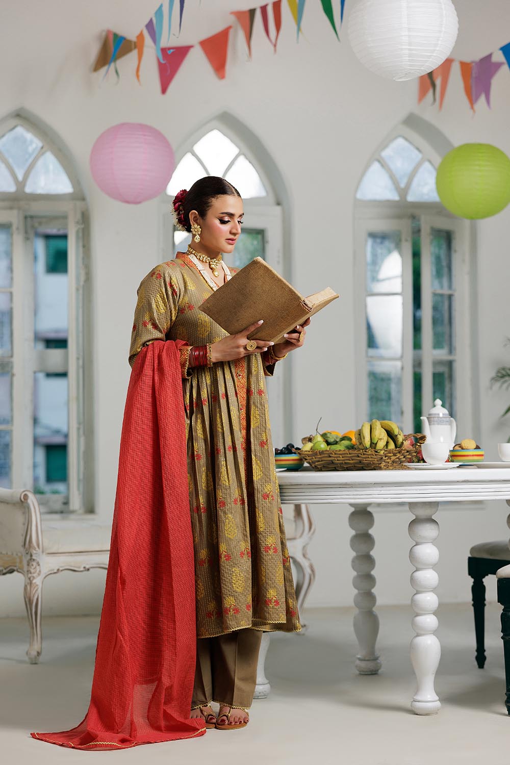 Senorita Women RTW Women Embroidered Beige and Multicolor Casual Plus 3 Piece Suit Cotton Dobby Dye over Gold LBD-02992 - Summer Collection