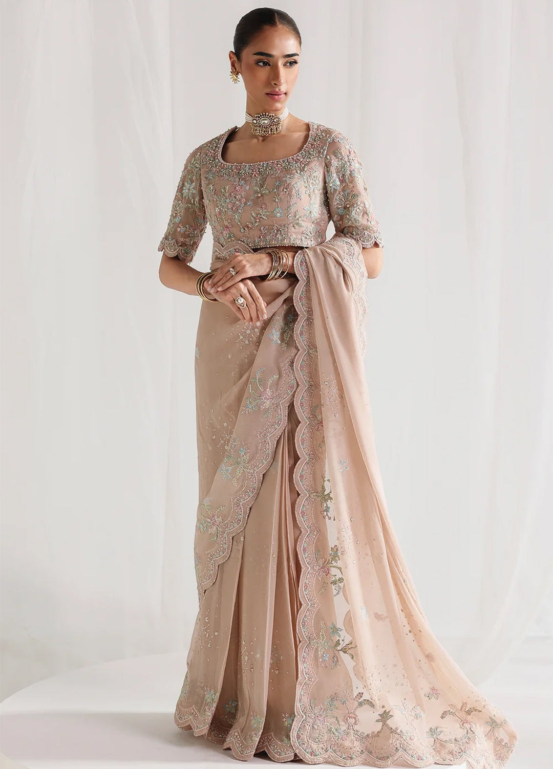 Qalamkar Unstitched Embroidered Chiffon Saree QLK26UCF Novera QCC-04 - Festive Collection
