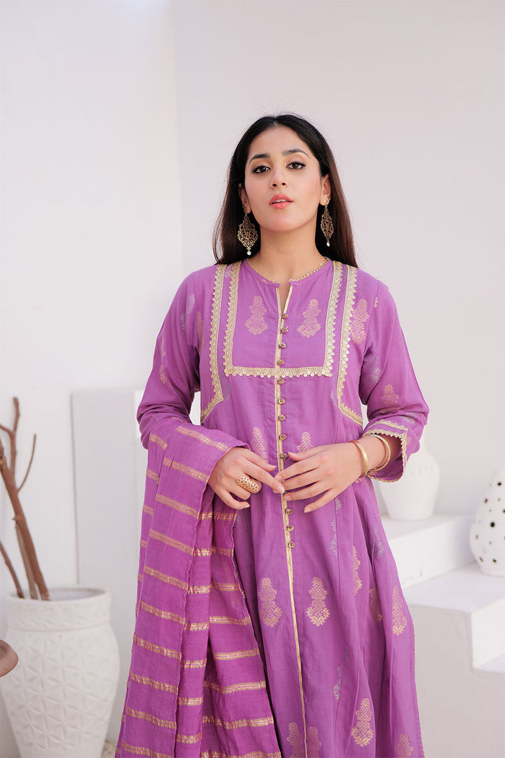 Senorita Women RTW Women Embroidered Purple and Gold Casual Plus 3 Piece Suit Cotton Jacquard LBD-02894 - Summer Collection