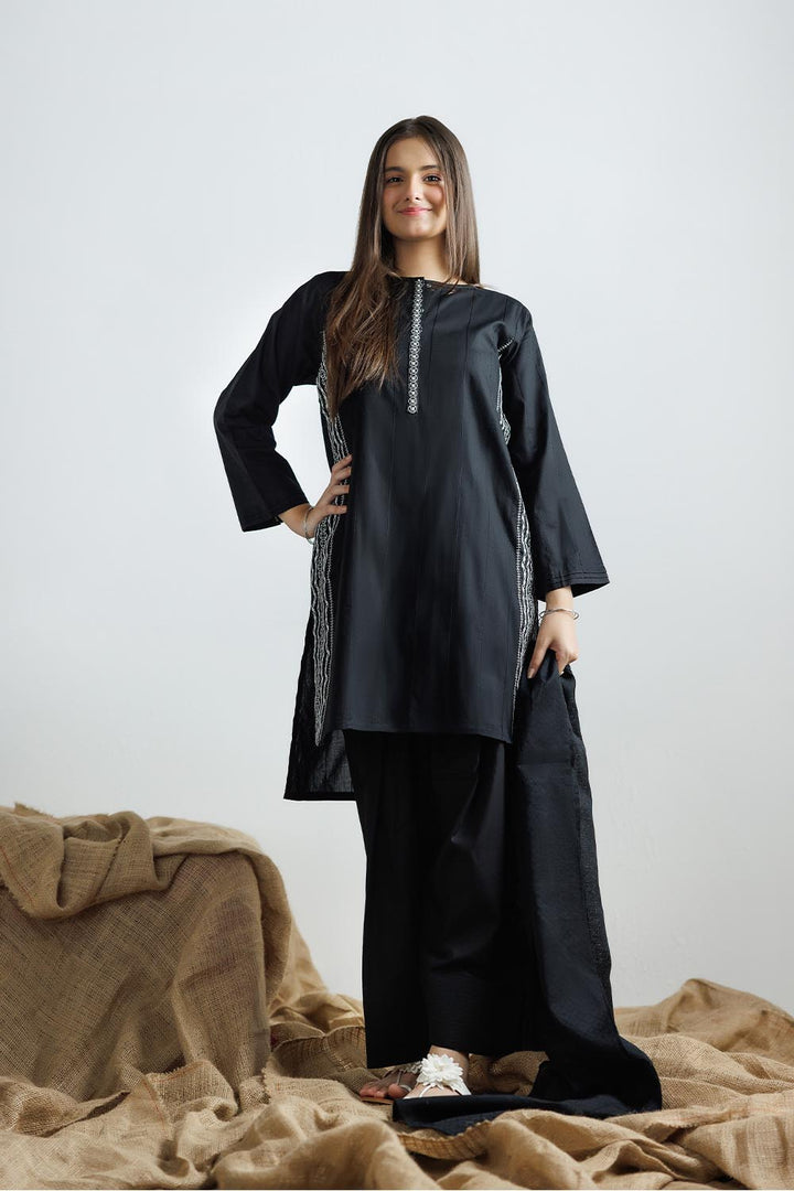 Senorita Girls Ready to Wear Girls Black and White Casual 3 Piece Suit Plain Cotton Solids GAD-03111 - Summer Collection