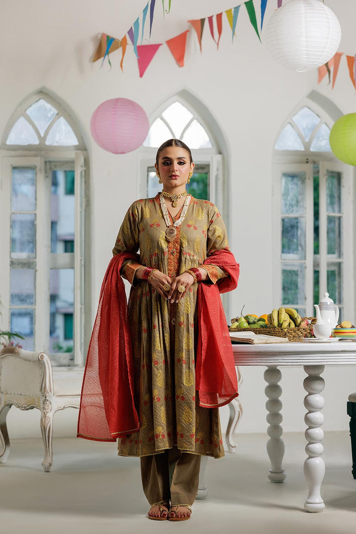 Senorita Women RTW Women Embroidered Beige and Multicolor Casual Plus 3 Piece Suit Cotton Dobby Dye over Gold LBD-02992 - Summer Collection