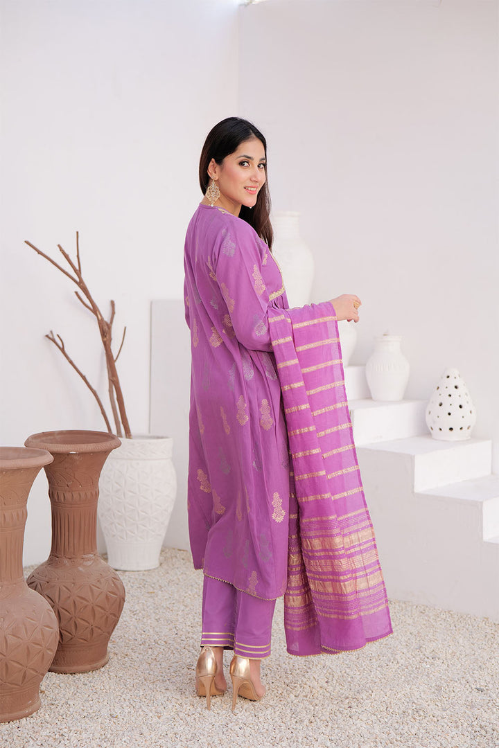 Senorita Women RTW Women Embroidered Purple and Gold Casual Plus 3 Piece Suit Cotton Jacquard LBD-02894 - Summer Collection