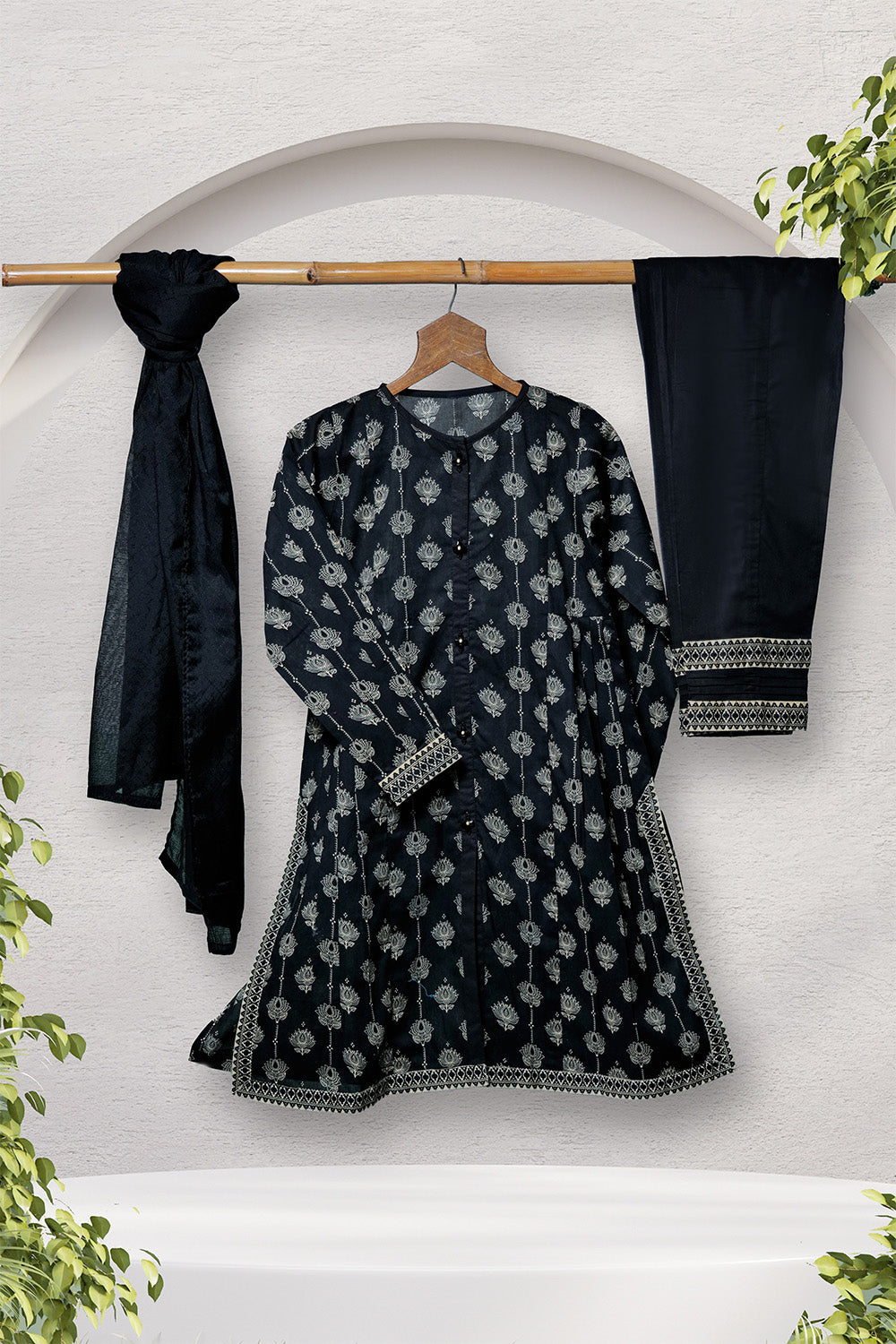 Senorita Girls Ready to Wear Girls Black and Fawn Casual 3 Piece Suit Cotton Lawn Printed GAD-02699 - Summer Collection