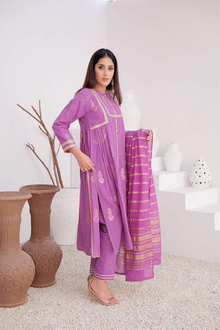 Senorita Women RTW Women Embroidered Purple and Gold Casual Plus 3 Piece Suit Cotton Jacquard LBD-02894 - Summer Collection