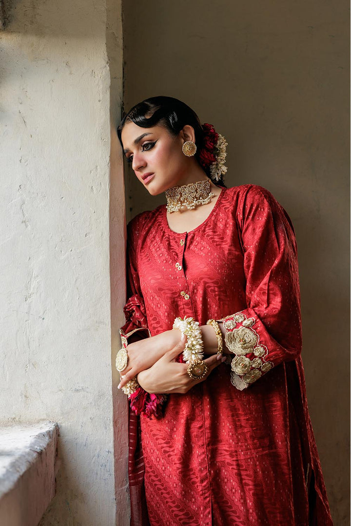 Senorita Women RTW Women Solids Maroon and Gold Casual Plus 3 Piece Suit Cotton Viscose Filament Jacquard LBD-02892 - Winter Collection