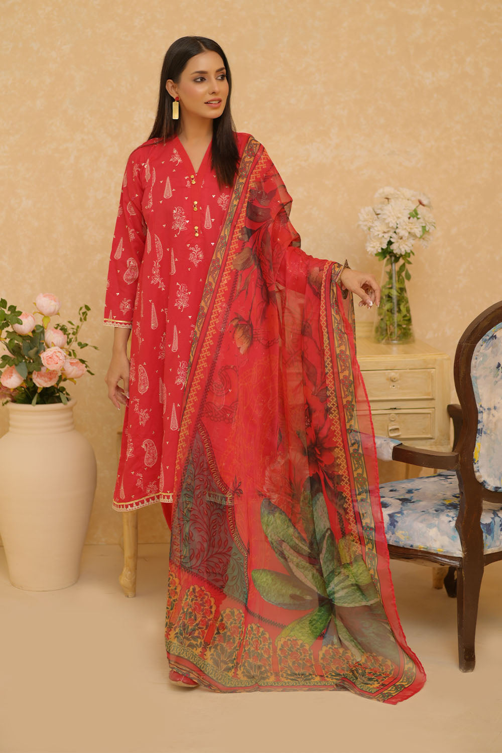 Senorita Women RTW Women Red and Multicolor Casual 3 Piece Suit Cotton Lawn Printed LAD-02730 - Summer Collection