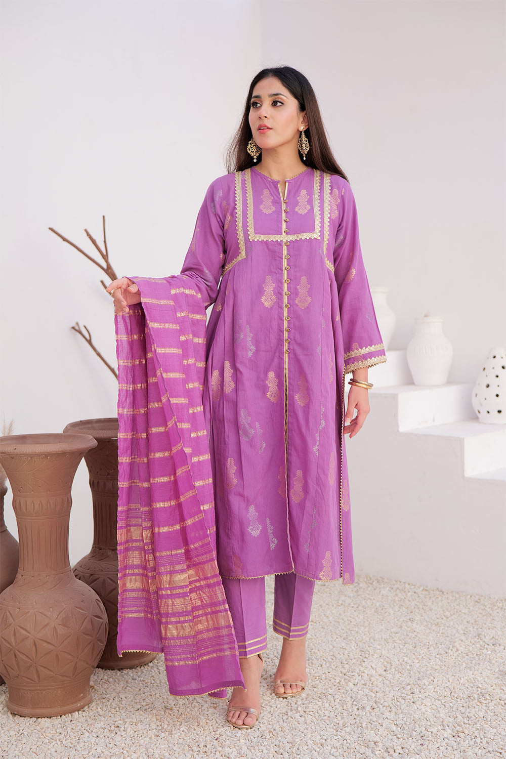 Senorita Women RTW Women Embroidered Purple and Gold Casual Plus 3 Piece Suit Cotton Jacquard LBD-02894 - Summer Collection