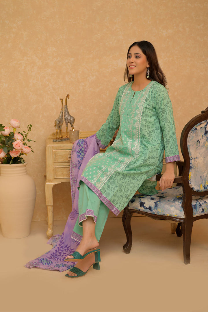 Senorita Women RTW Women Sea Green and Multicolor Casual 3 Piece Suit Cotton Lawn Printed LAD-02731 - Summer Collection