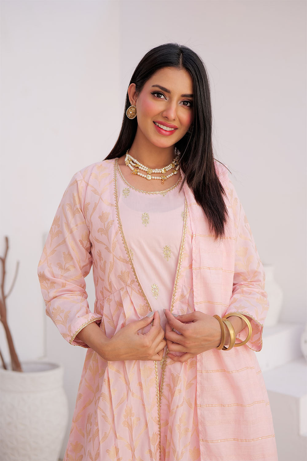 Senorita Women RTW Women Embroidered Pink and Gold Casual Plus 3 Piece Suit Cotton Jacquard LBD-02906 - Summer Collection