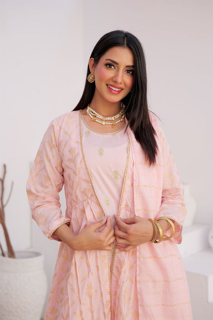 Senorita Women RTW Women Embroidered Pink and Gold Casual Plus 3 Piece Suit Cotton Jacquard LBD-02906 - Summer Collection