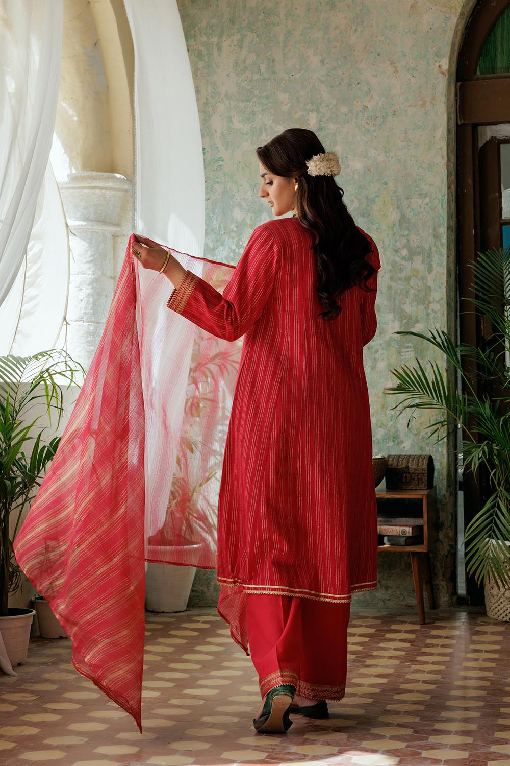 Senorita Women RTW Women Solids Red and Gold Casual Plus 3 Piece Suit Cotton Dobby LBD-02974 - Winter Collection