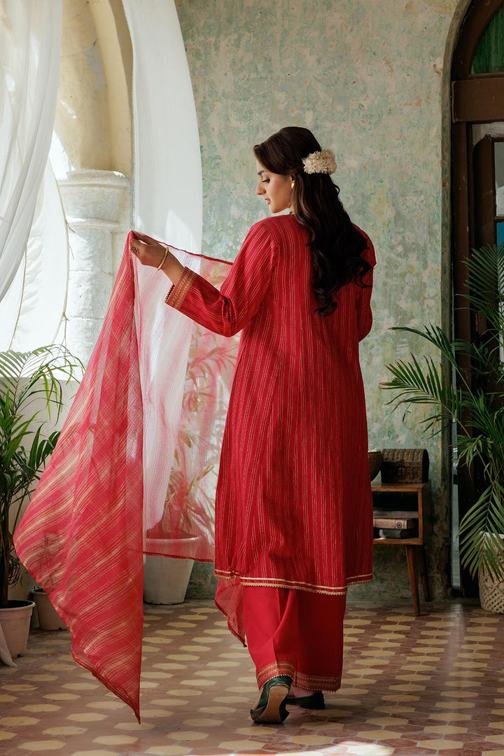 Senorita Women RTW Women Solids Red and Gold Casual Plus 3 Piece Suit Cotton Dobby LBD-02974 - Winter Collection