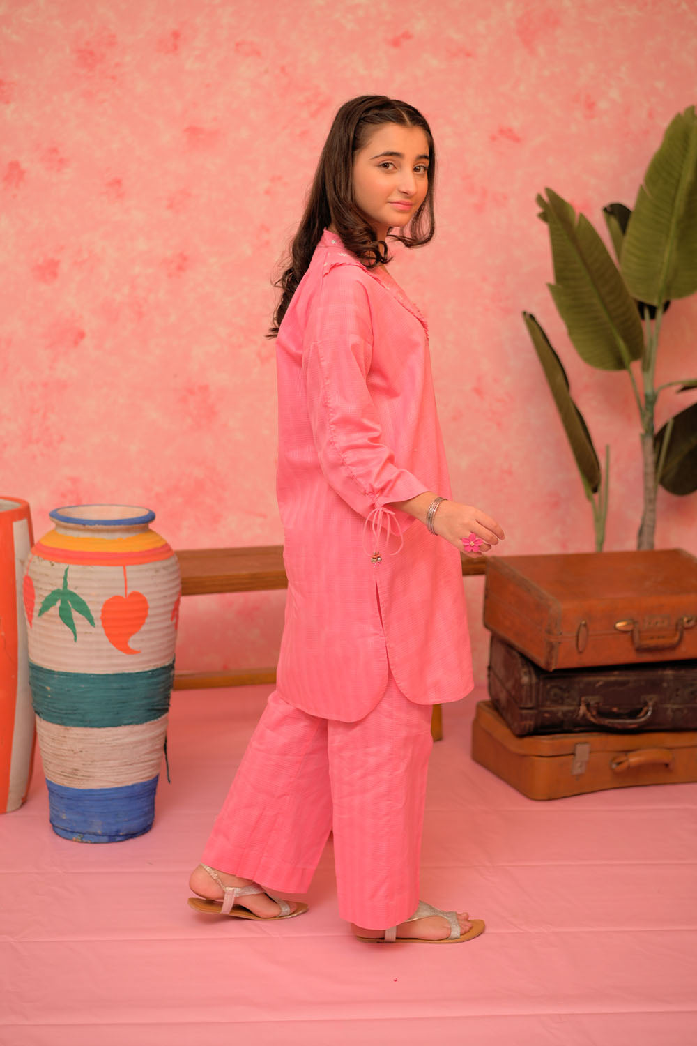 Senorita Girls RTW Girls Shocking Pink and Silver Casual 3 Piece Suit Cotton Self dobby Embroidered GAD-02877 - Winter Collection